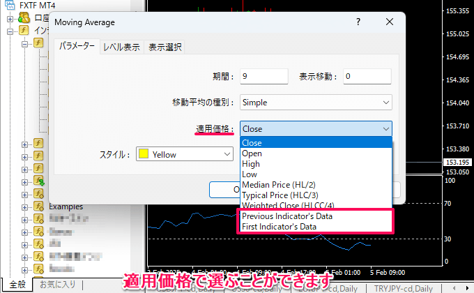 Previous Indicator's Data（前のインジケーターのデータ）とFirst Indicator's Data（最初のインジケーターのデータ）