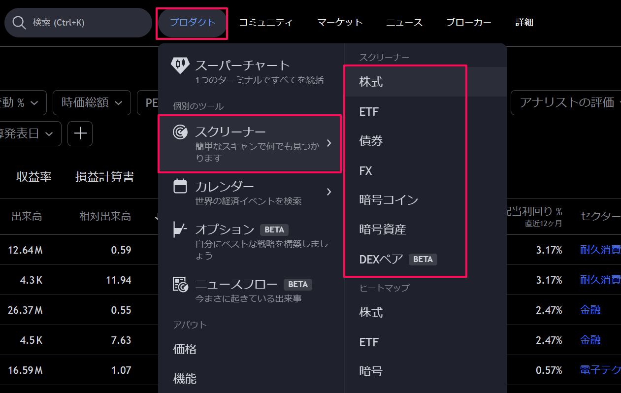 スクリーナーの表示方法